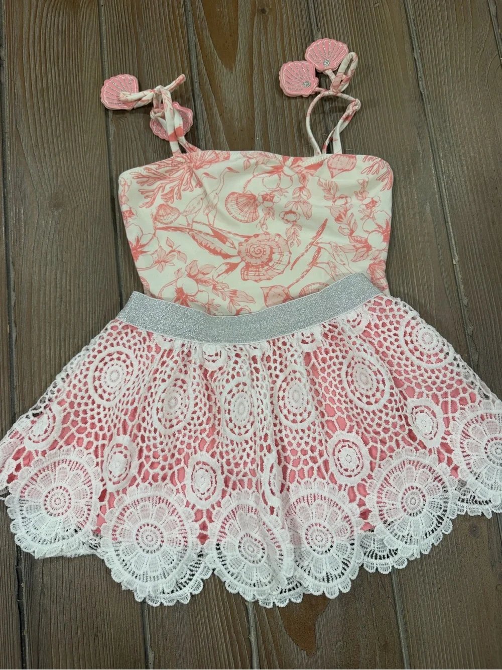 Pink & Cream Crochet Lace Swimsuit with Shell Straps